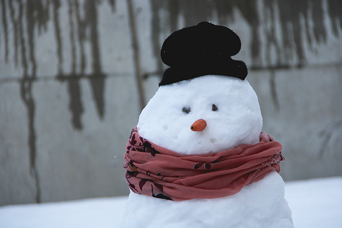 Schneemann Gesicht mit Mütze, Halstuch und Rübe