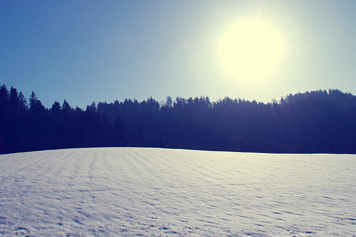 Naturstimung mit Schneefeld, Wald und Sonne